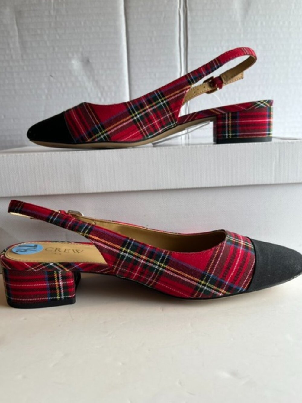 J. Crew tartan low heel slingback pumps.
